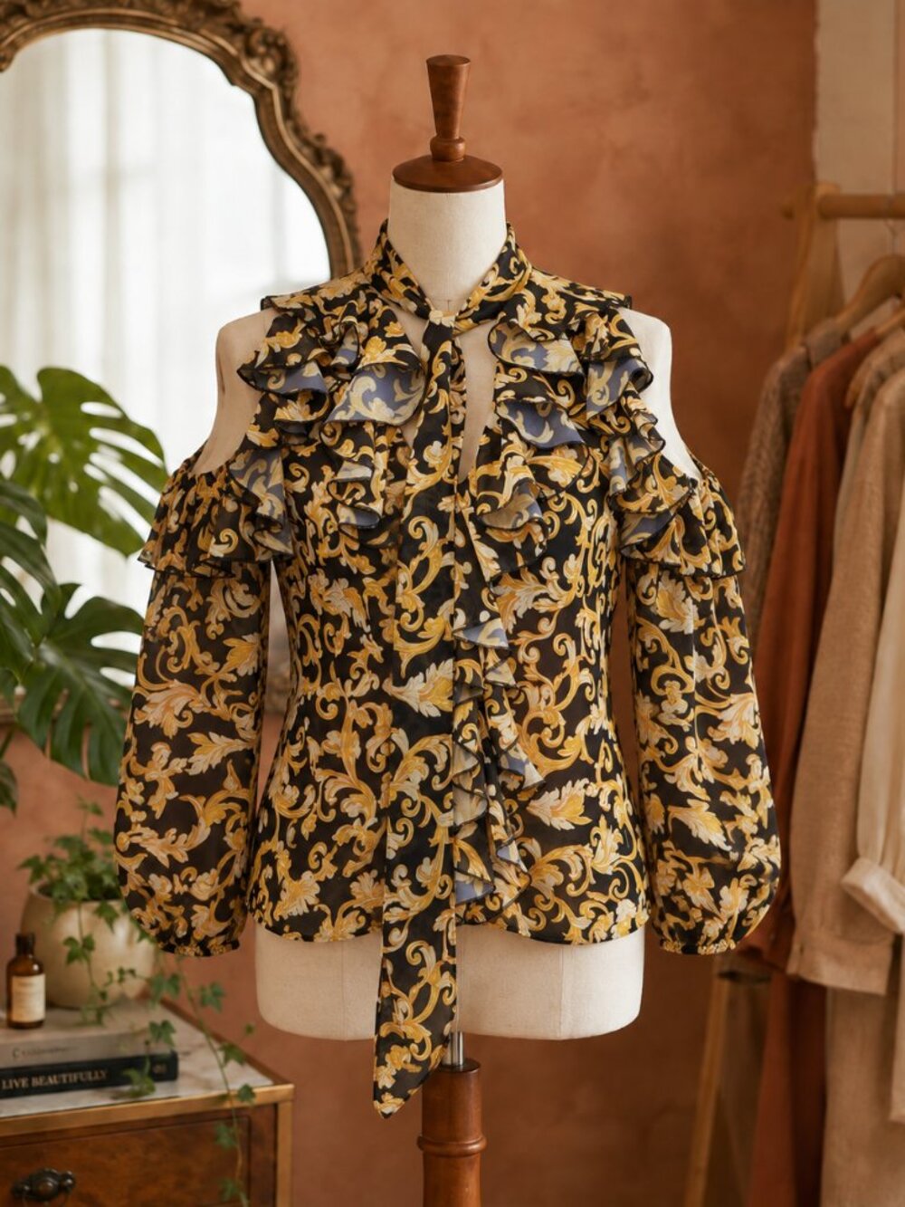 New York & Company Black and Gold Blouse